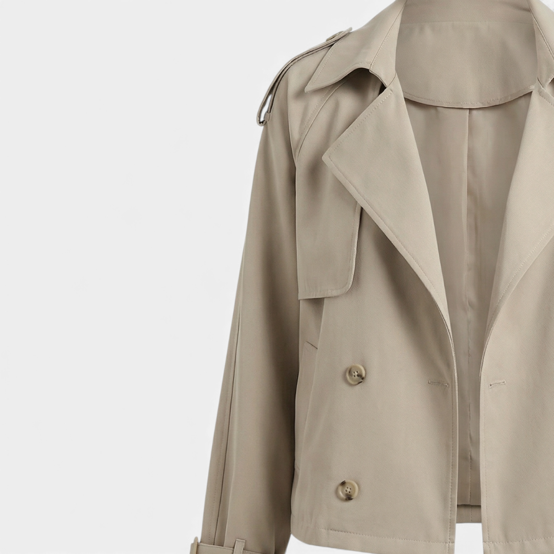 Short Trench Coat - Double-Breasted Jacket - Women's-Jackets-Loucelia-Khaki-S-Loucelia