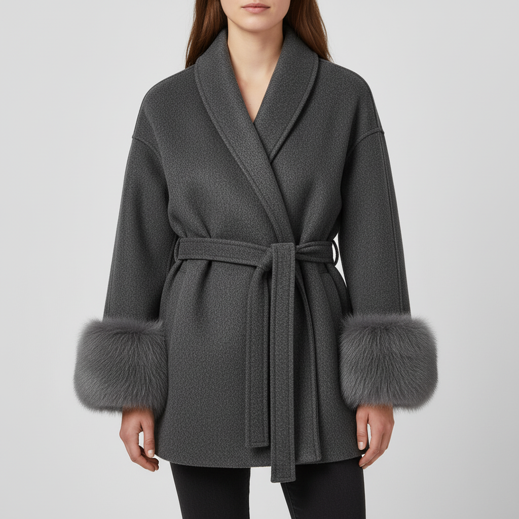 The Aurelia Belted Faux Fur Cuff Coat Grey-jacket-Loucelia-S-Loucelia