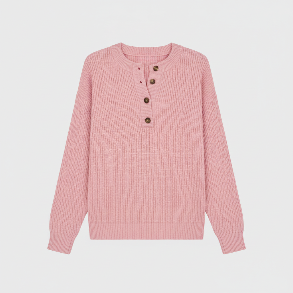 The Benthe Button-Neck Knit Jumper Pink-sweater-Loucelia-S-Loucelia