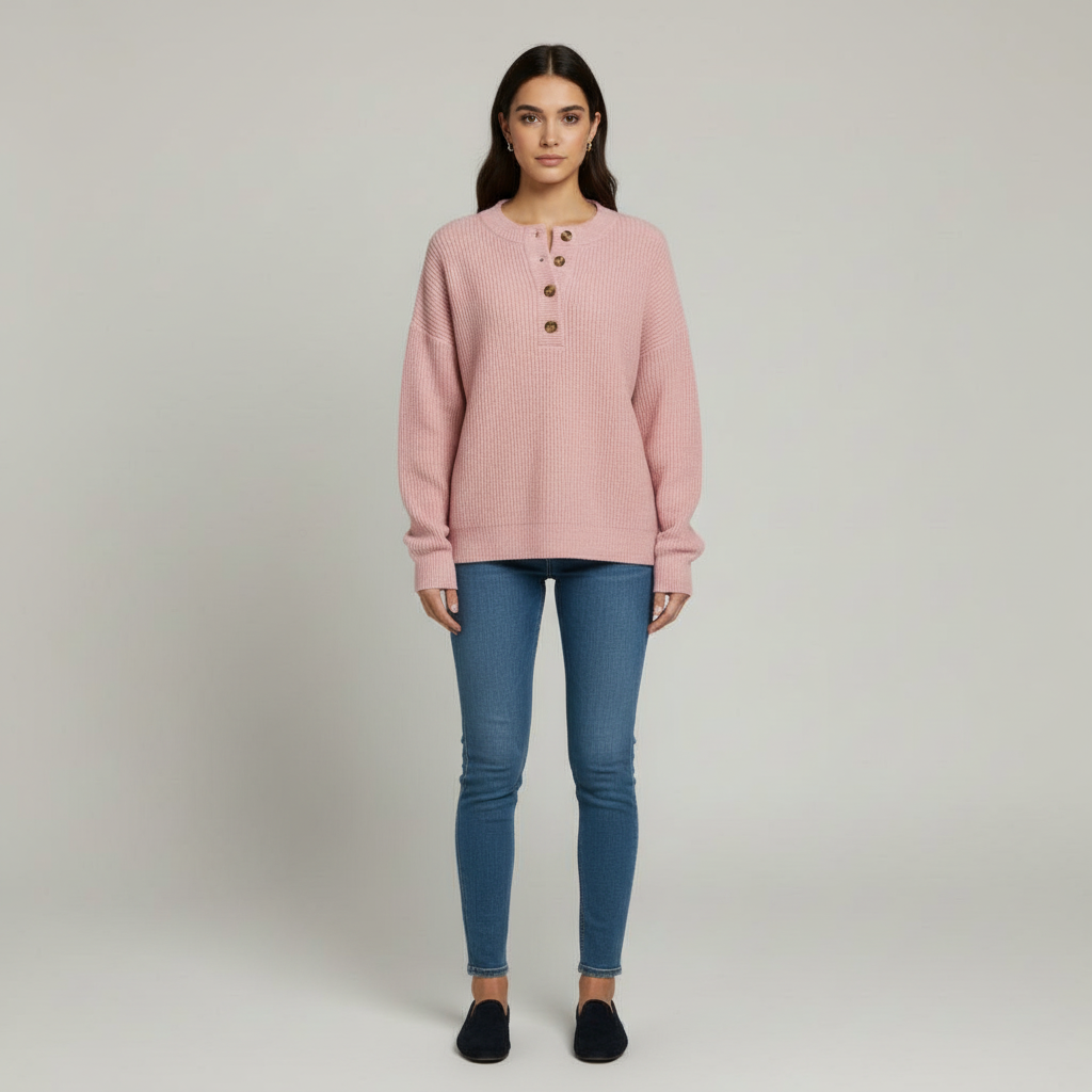 The Benthe Button-Neck Knit Jumper Pink-sweater-Loucelia-S-Loucelia