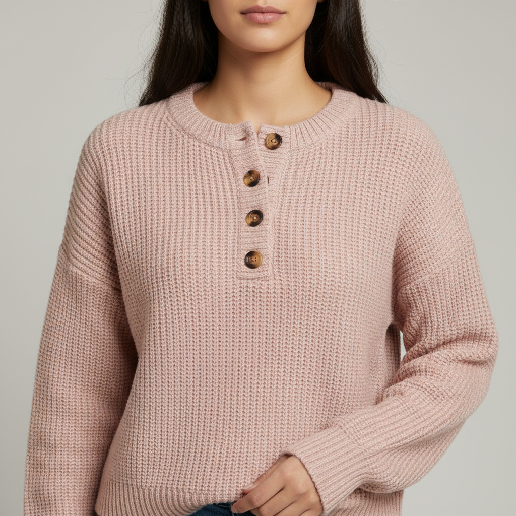 The Benthe Button-Neck Knit Jumper Pink-sweater-Loucelia-S-Loucelia