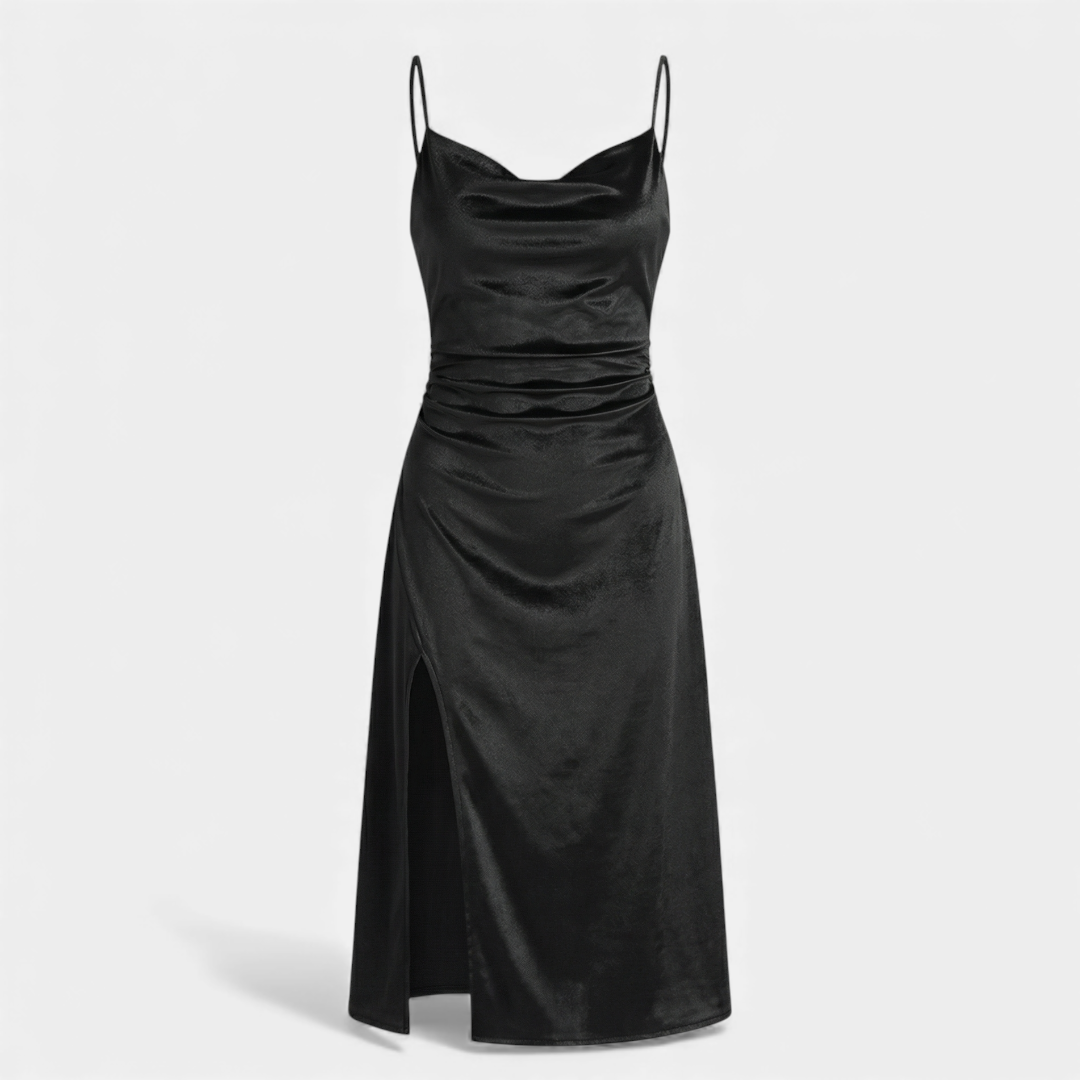Velvet Bodycon Dress - Women's Cocktail Midi - Cowl Neck Ruched Slit-Dresses-Loucelia-Black-XS-Loucelia