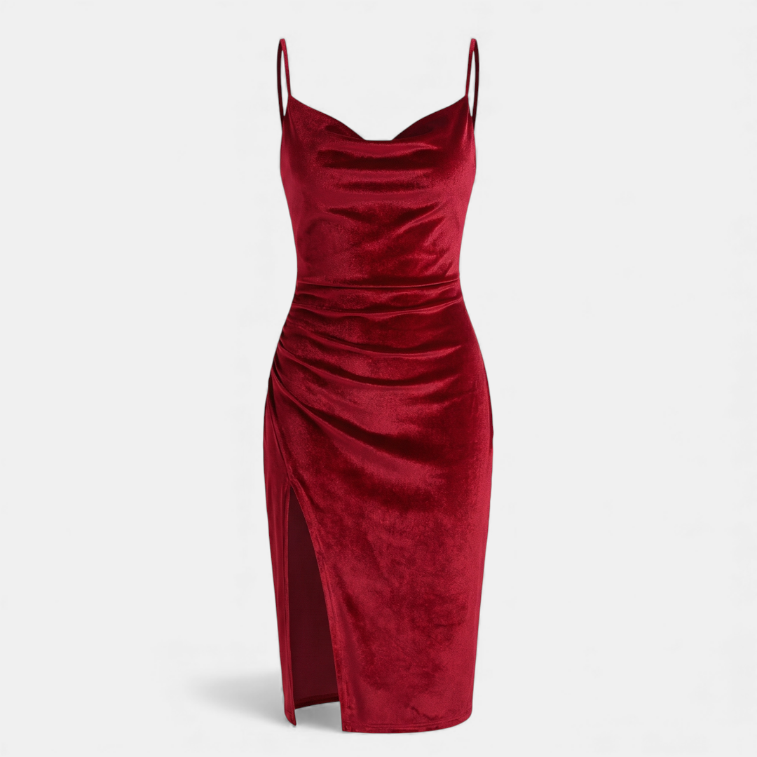 Velvet Bodycon Dress - Women's Cocktail Midi - Cowl Neck Ruched Slit-Dresses-Loucelia-Crimson-XS-Loucelia