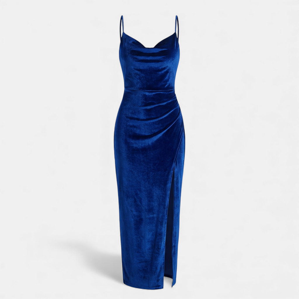 Velvet Bodycon Dress - Women's Cocktail Midi - Cowl Neck Ruched Slit-Dresses-Loucelia-Royal Blue-XS-Loucelia