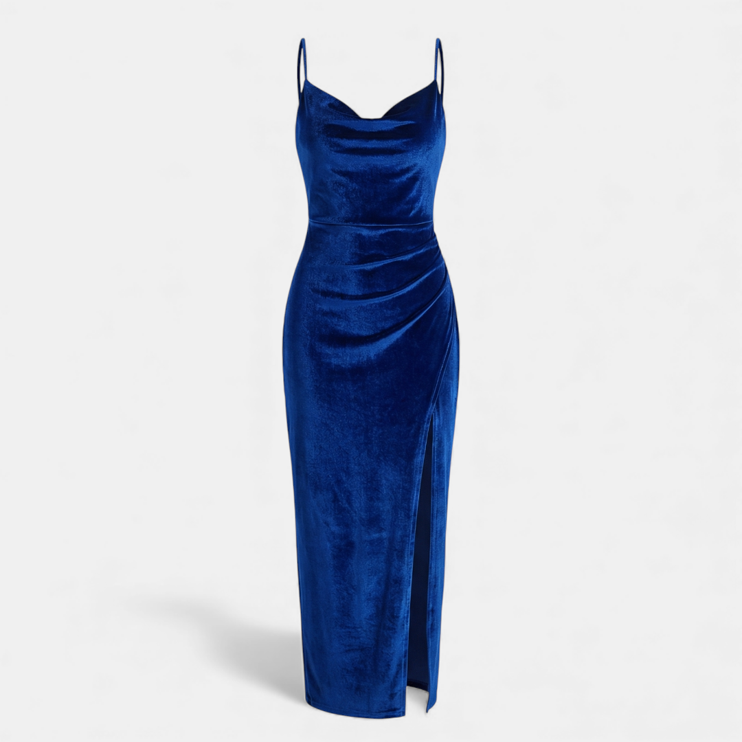 Velvet Bodycon Dress - Women's Cocktail Midi - Cowl Neck Ruched Slit-Dresses-Loucelia-Royal Blue-XS-Loucelia
