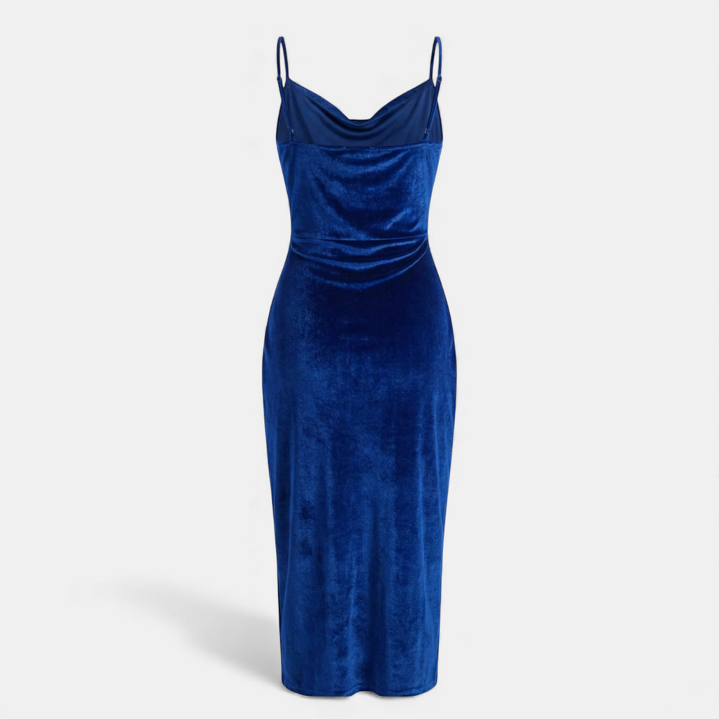 Velvet Bodycon Dress - Women's Cocktail Midi - Cowl Neck Ruched Slit-Dresses-Loucelia-Royal Blue-XS-Loucelia