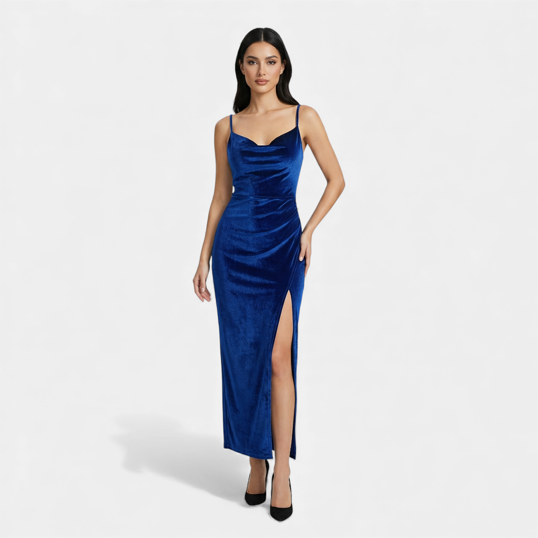 Velvet Bodycon Dress - Women's Cocktail Midi - Cowl Neck Ruched Slit-Dresses-Loucelia-Royal Blue-XS-Loucelia