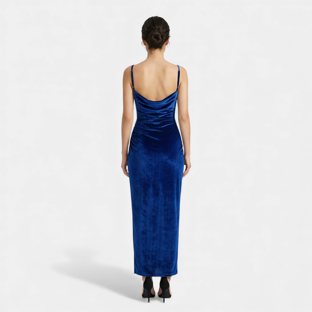 Velvet Bodycon Dress - Women's Cocktail Midi - Cowl Neck Ruched Slit-Dresses-Loucelia-Royal Blue-XS-Loucelia