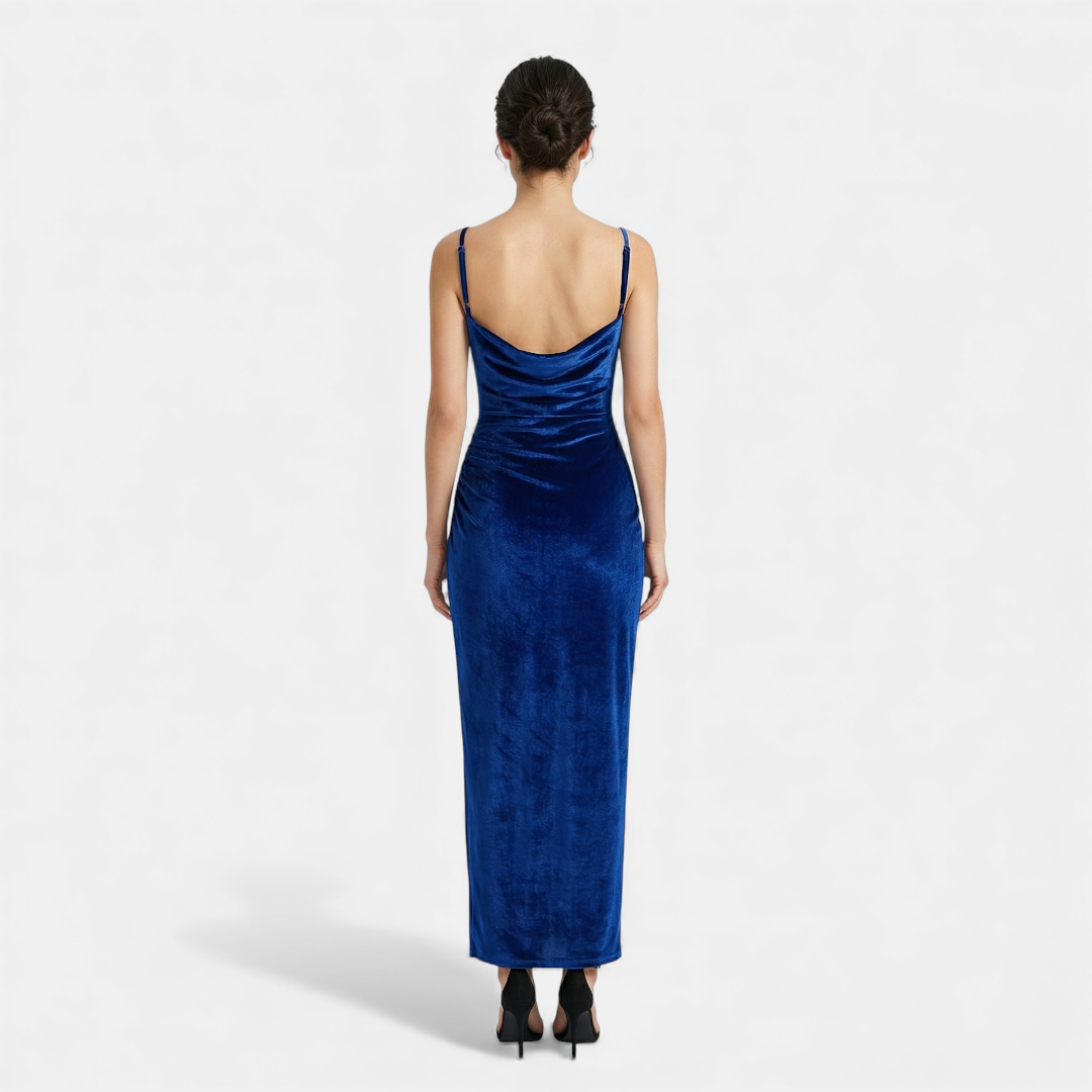 Velvet Bodycon Dress - Women's Cocktail Midi - Cowl Neck Ruched Slit-Dresses-Loucelia-Royal Blue-XS-Loucelia