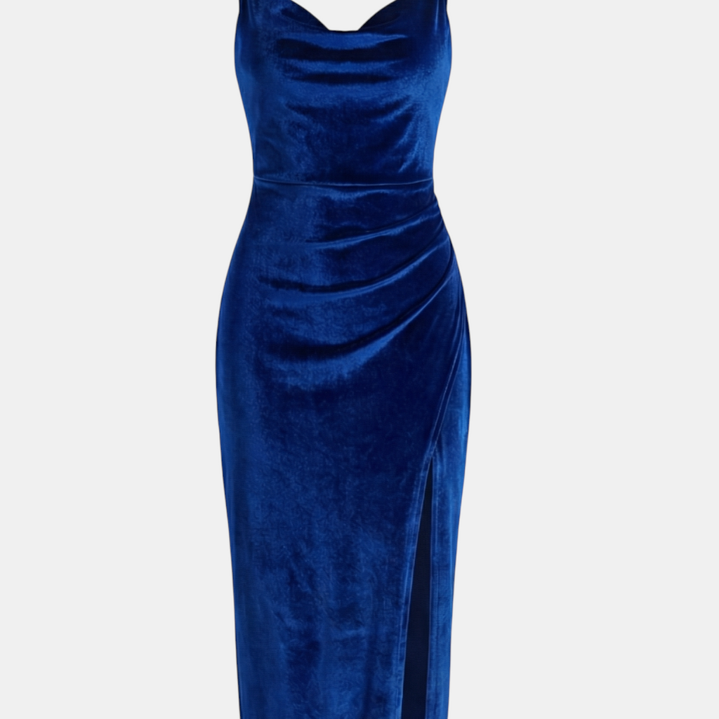 Velvet Bodycon Dress - Women's Cocktail Midi - Cowl Neck Ruched Slit-Dresses-Loucelia-Royal Blue-XS-Loucelia
