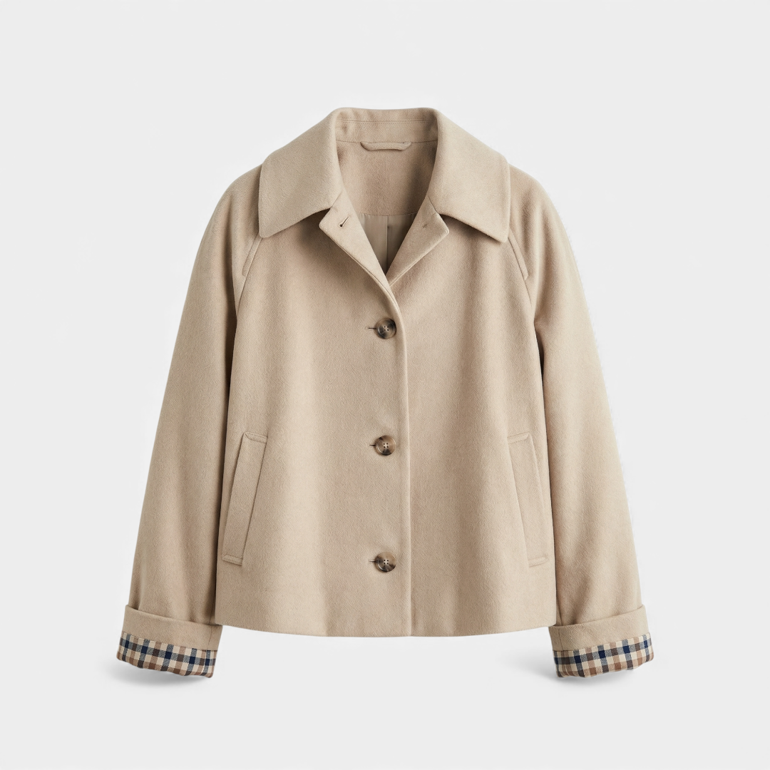 Women's Jacket - Short Trench Coat - Plaid Cuffed Sleeves-Loucelia-Khaki-S-Loucelia