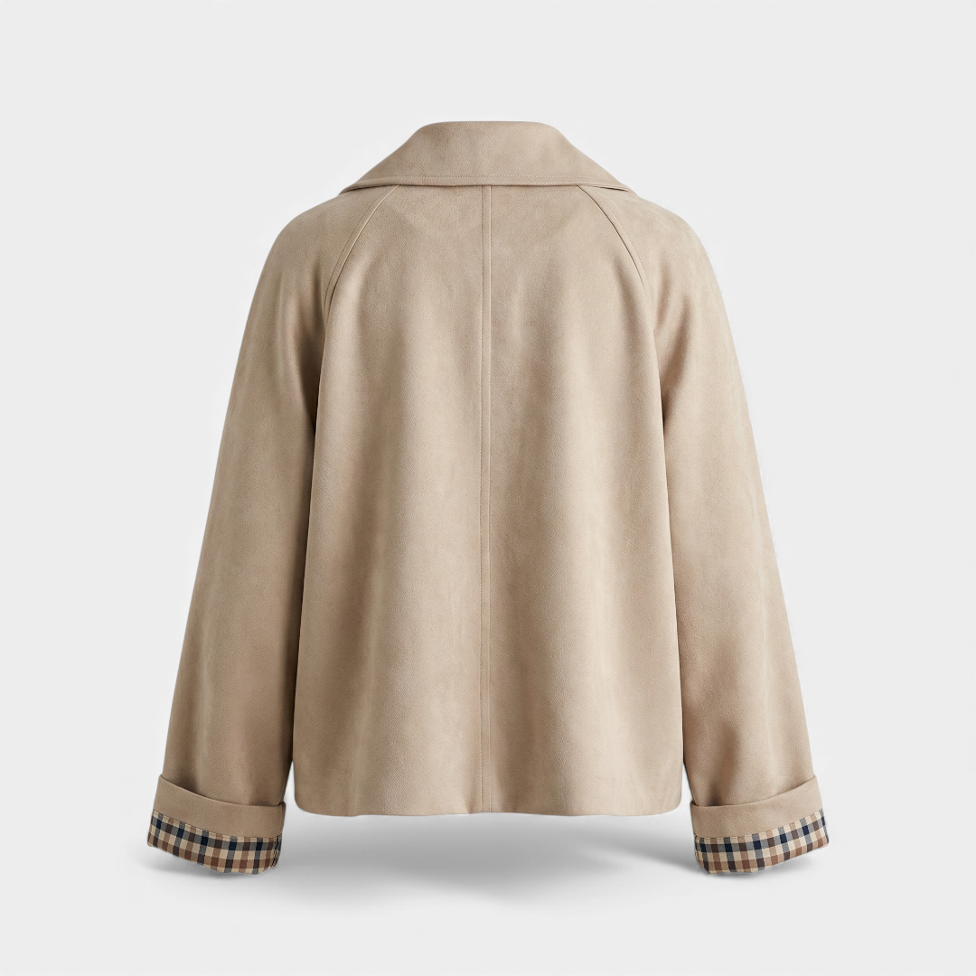 Women's Jacket - Short Trench Coat - Plaid Cuffed Sleeves-Loucelia-Khaki-S-Loucelia