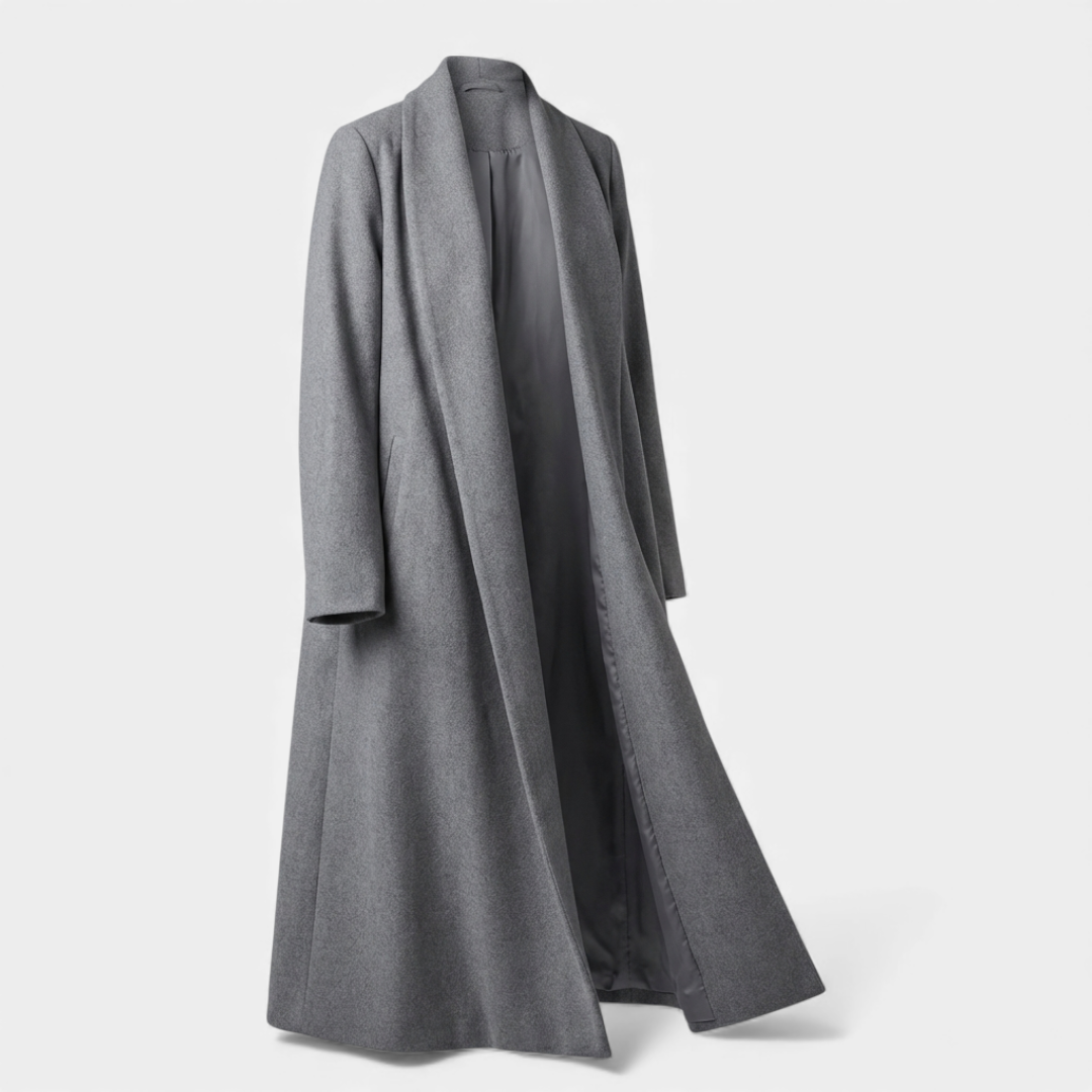 Women’s Long Coat – Wool-Blend Open Front Design-Coats-Loucelia-Navy-XL-Loucelia