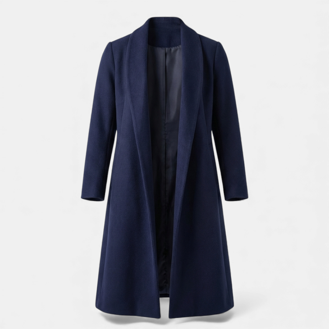 Women’s Long Coat – Wool-Blend Open Front Design-Coats-Loucelia-Navy-XL-Loucelia