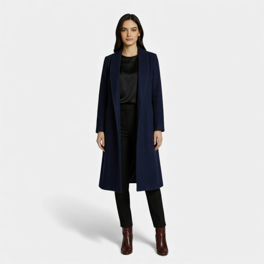Women’s Long Coat – Wool-Blend Open Front Design-Coats-Loucelia-Navy-XL-Loucelia