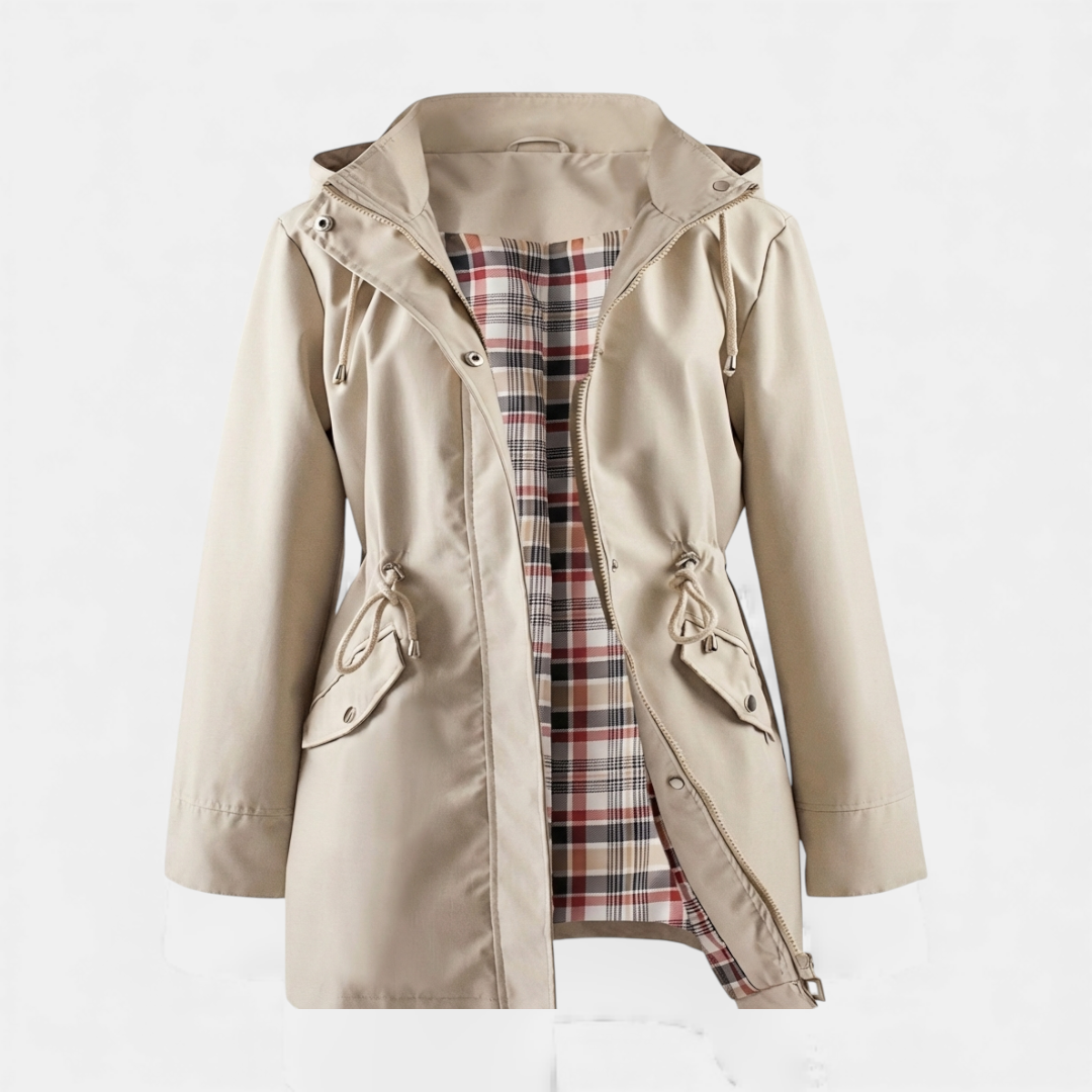 Women’s Rain Jacket – Hooded Design with Plaid Lining-Jackets-Loucelia-Khaki-L-Loucelia