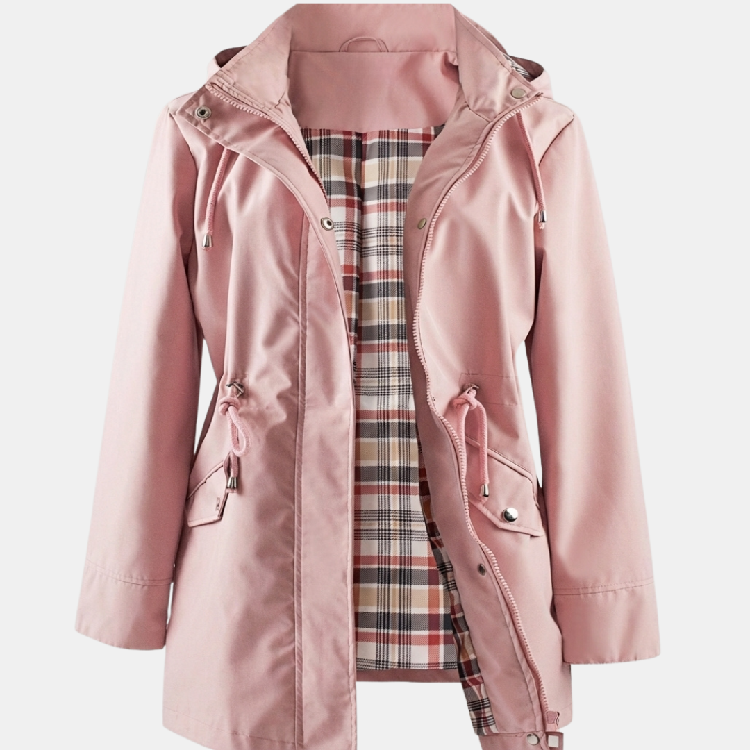 Women’s Rain Jacket – Hooded Design with Plaid Lining-Jackets-Loucelia-Khaki-L-Loucelia