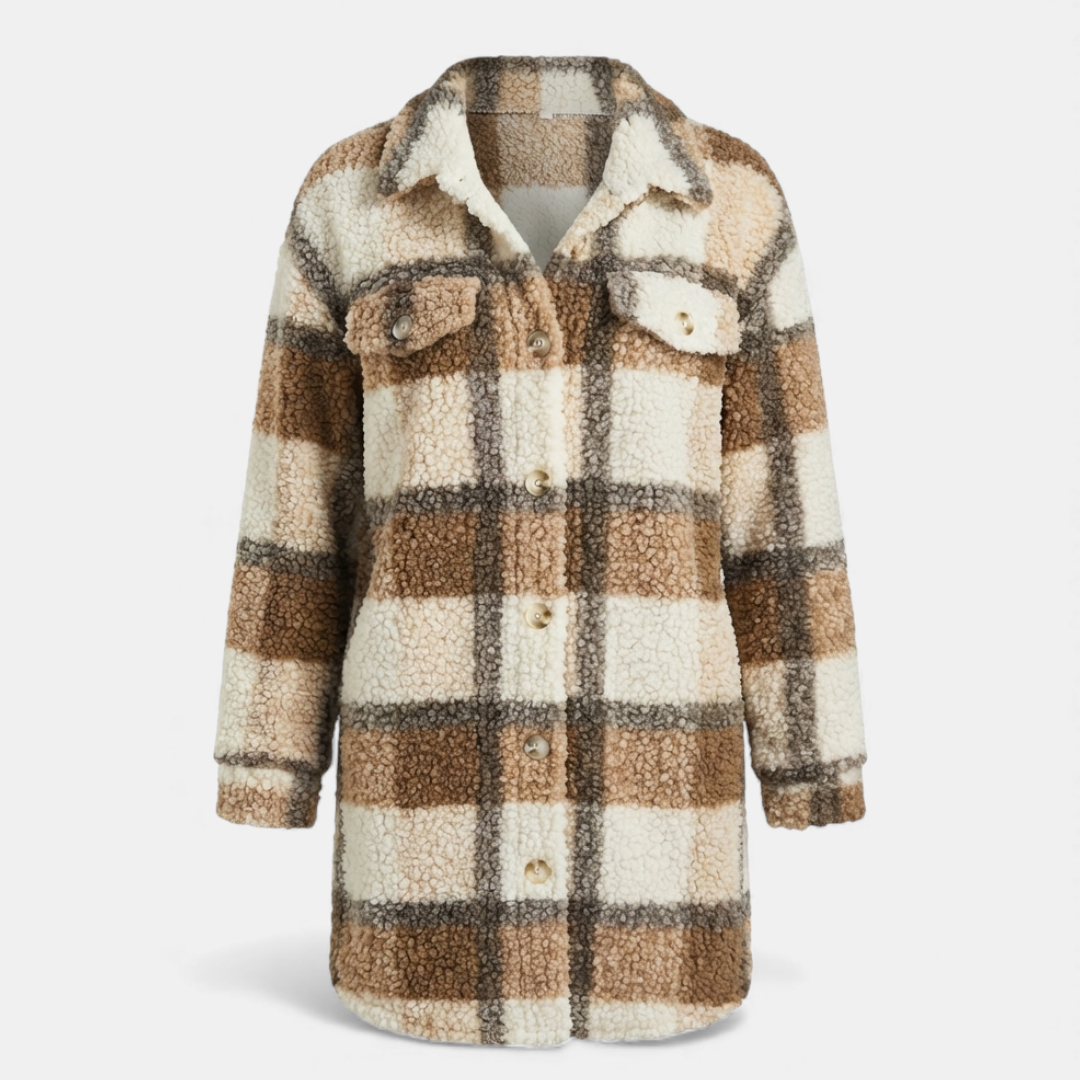 Women’s Sherpa Plaid Longline Jacket – Button-Down Textured Design-Jackets-Loucelia-Mixed Color 3-S-Loucelia