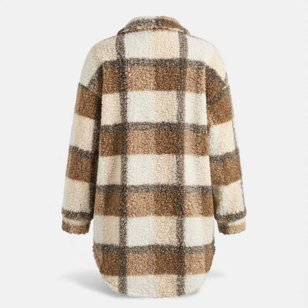 Women’s Sherpa Plaid Longline Jacket – Button-Down Textured Design-Jackets-Loucelia-Mixed Color 3-S-Loucelia