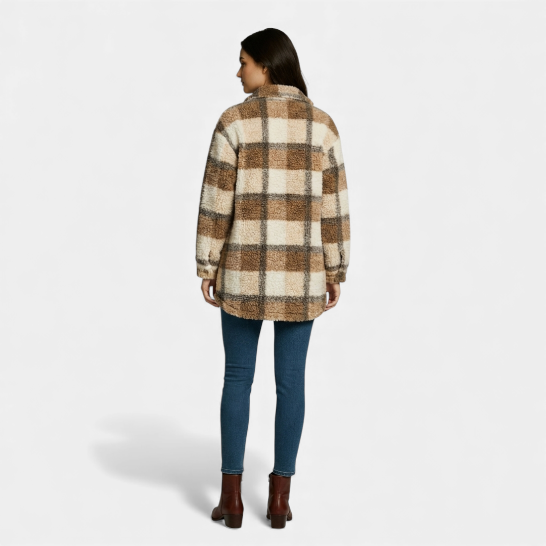 Women’s Sherpa Plaid Longline Jacket – Button-Down Textured Design-Jackets-Loucelia-Mixed Color 3-S-Loucelia