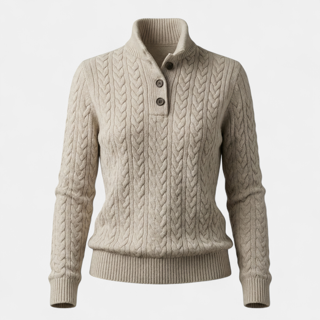 Women’s Sweater – Cable Knit with Buttoned Collar-Sweaters-Loucelia-Brown-S-Loucelia