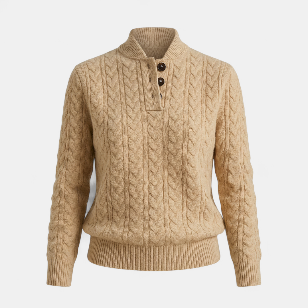 Women’s Sweater – Cable Knit with Buttoned Collar-Sweaters-Loucelia-Brown-S-Loucelia