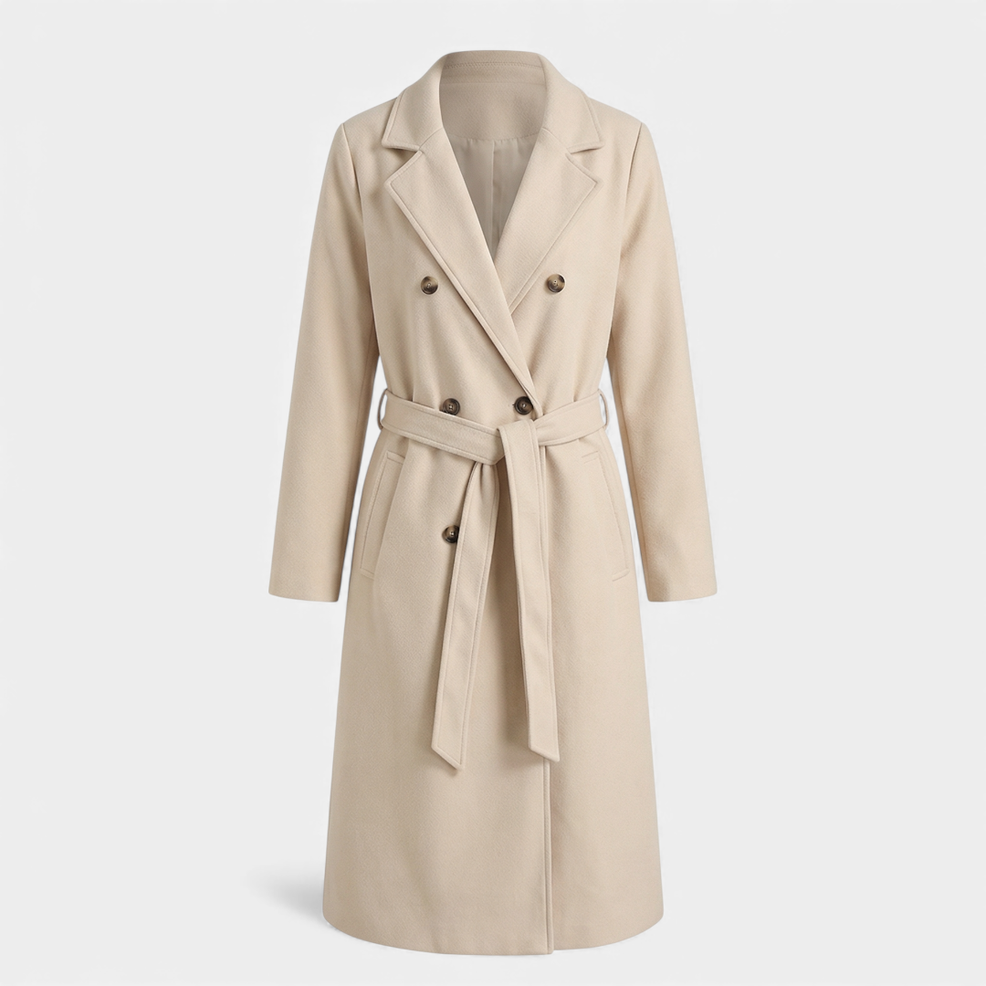 Women's Trench Coat - Double Breasted Longline - Elegant Belted Fit-Coats-Loucelia-Apricot-S-Loucelia