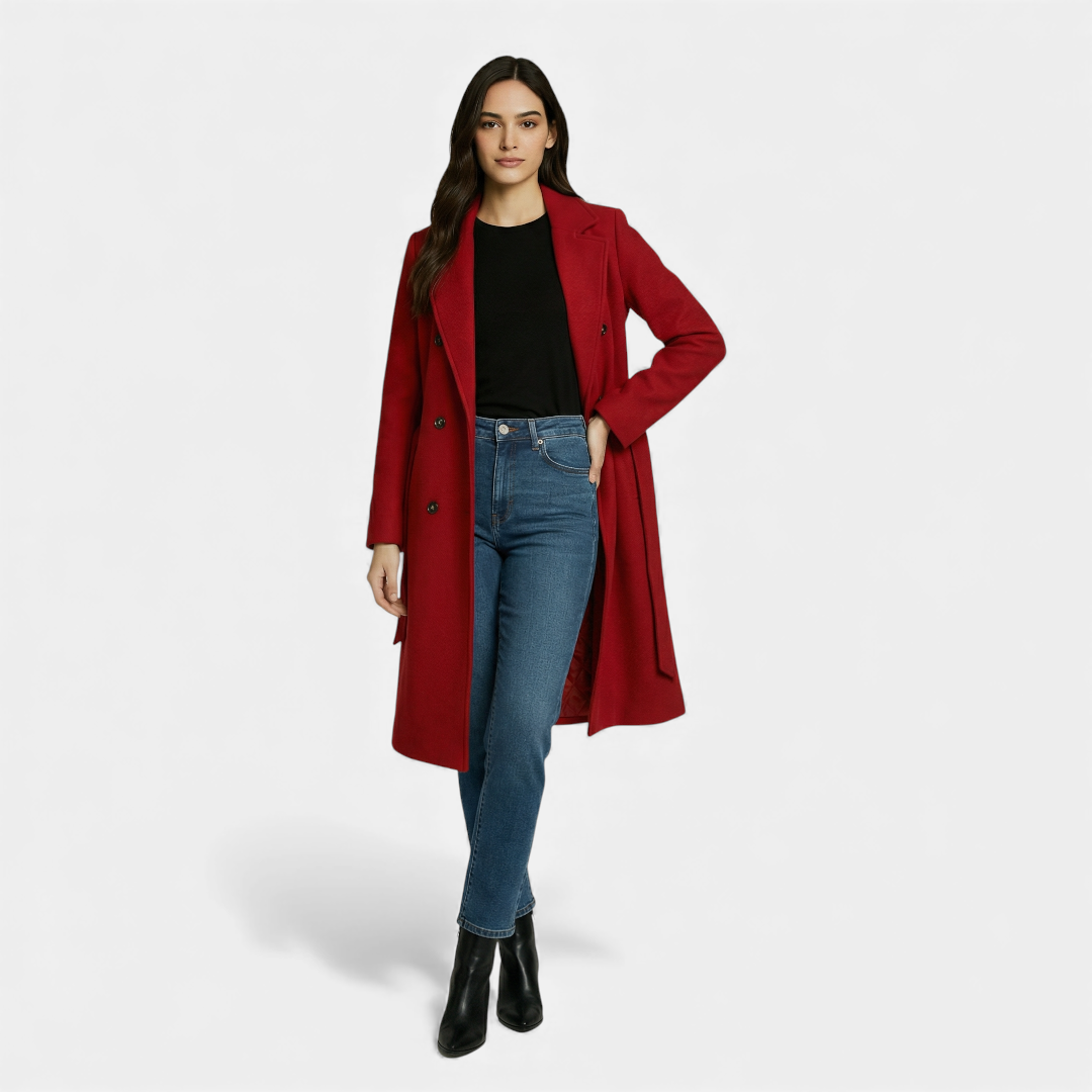 Women's Trench Coat - Double Breasted Longline - Elegant Belted Fit-Coats-Loucelia-Apricot-S-Loucelia