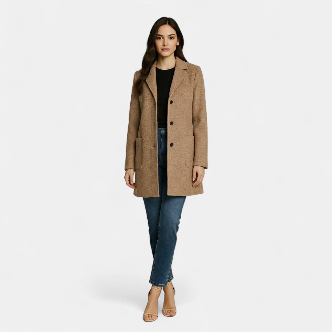 Women’s Wool-Blend Winter Coat – Single-Breasted with Stand Collar-Coat-Loucelia-Beige-S-Loucelia