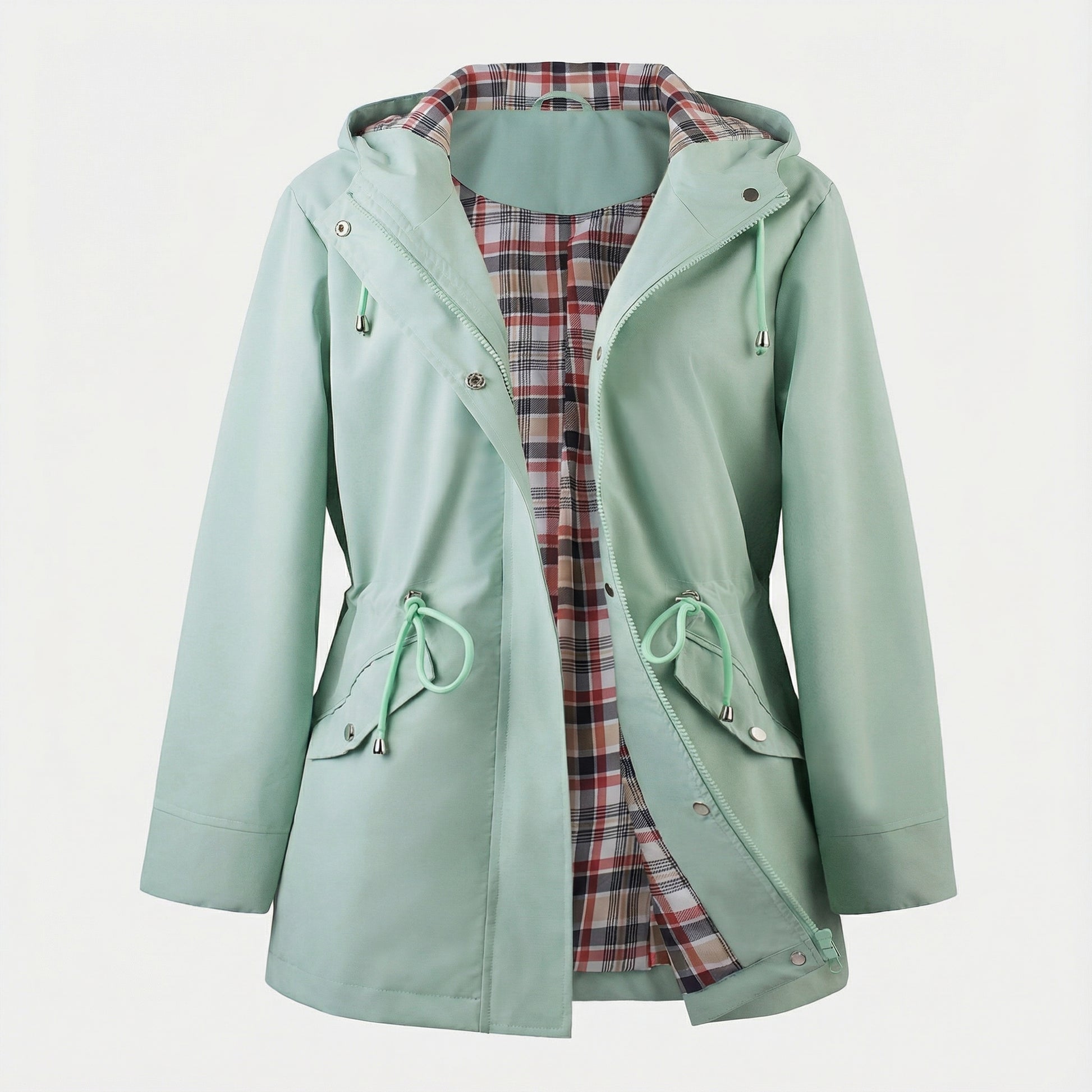 Women’s Rain Jacket – Hooded Design with Plaid Lining
