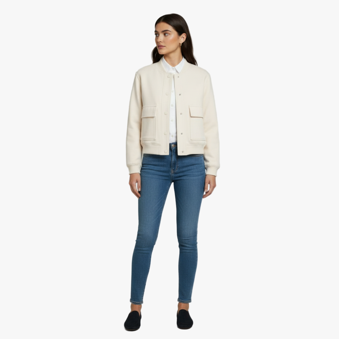 Women’s bomber jacket – snap button front, utility pockets, cropped fit