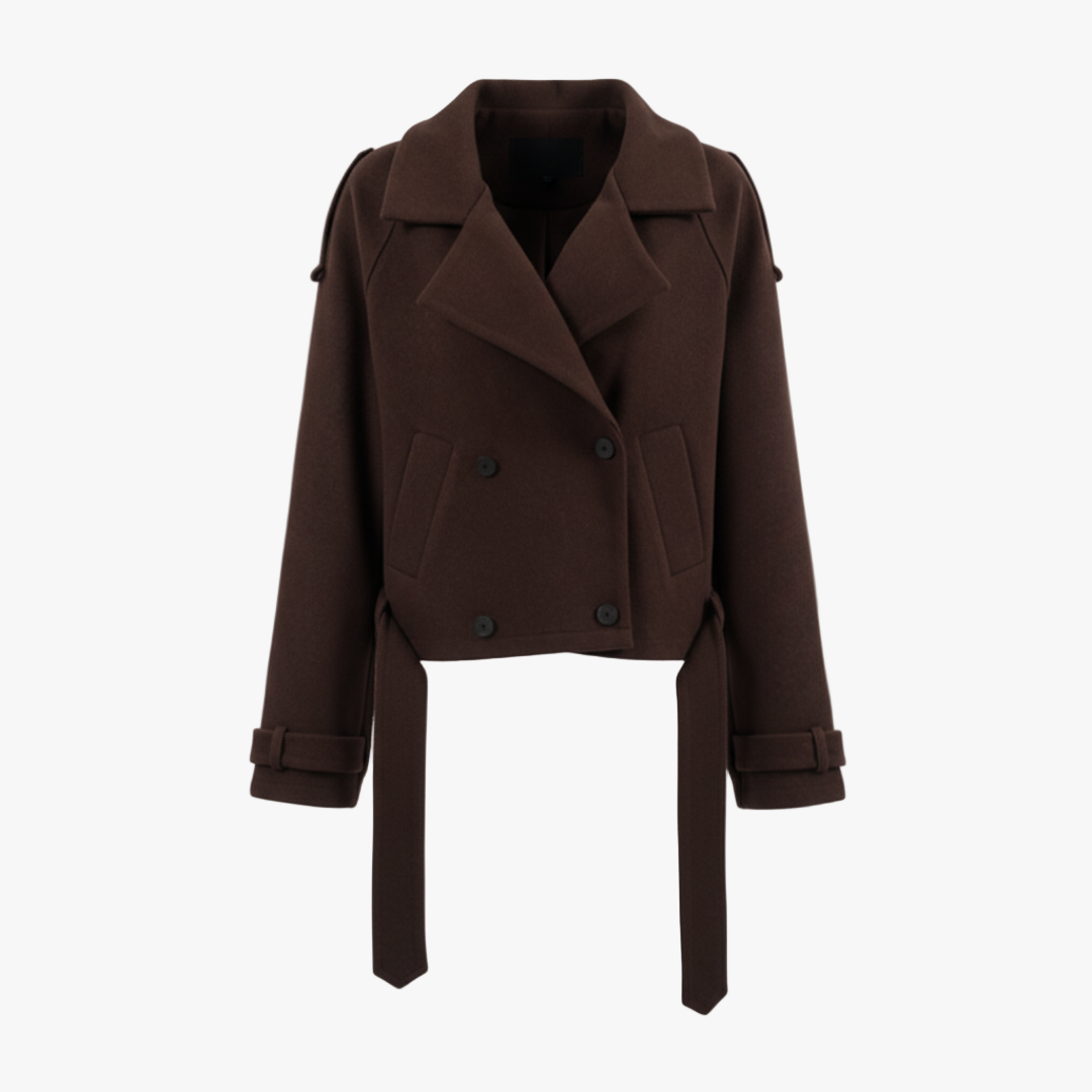 Women’s cropped coat – double breasted front, belted cuffs, structured fit