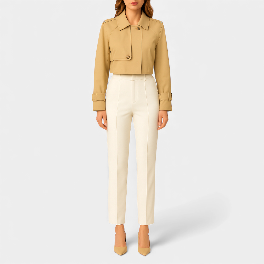 Women’s cropped trench jacket – storm flap, cropped fit, epaulettes