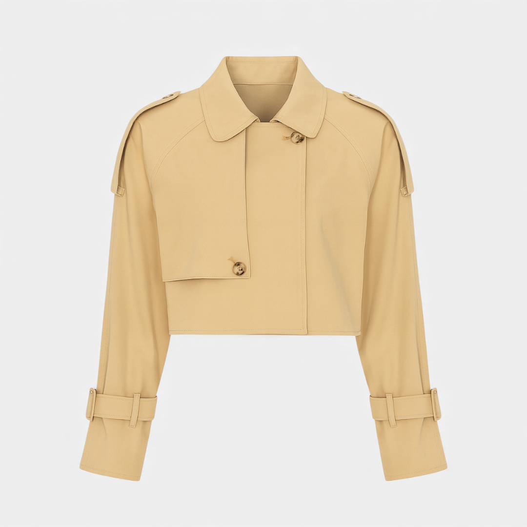 Women’s cropped trench jacket – storm flap, cropped fit, epaulettes
