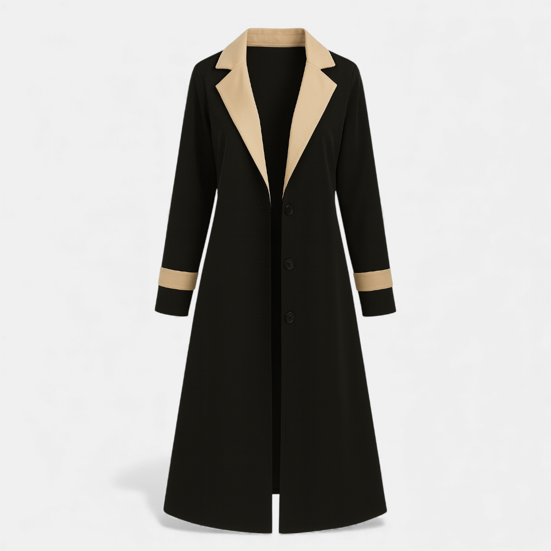 Women’s long tailored coat – contrast lapel, single-breasted design