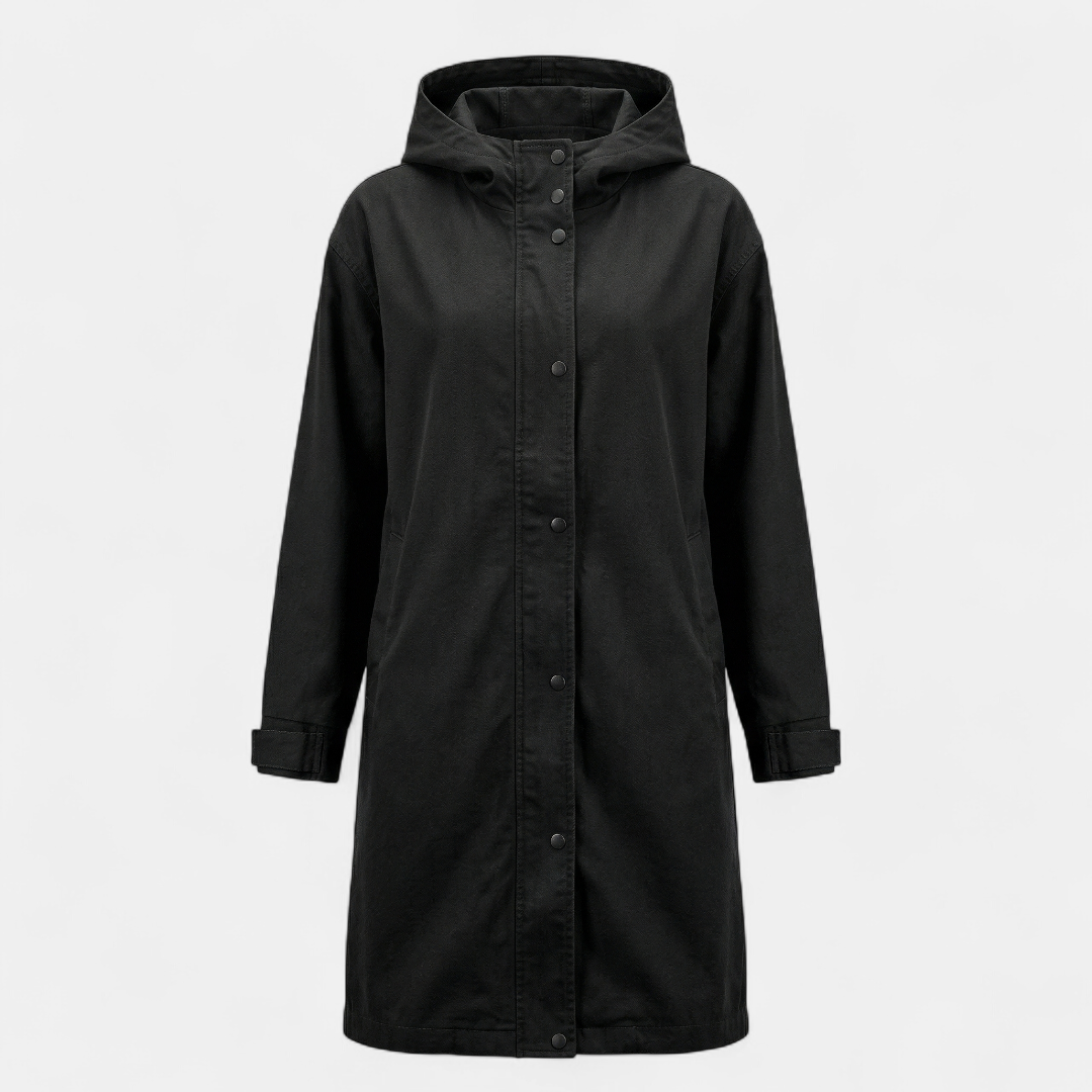 Women’s longline coat – hooded design, button front, relaxed fit