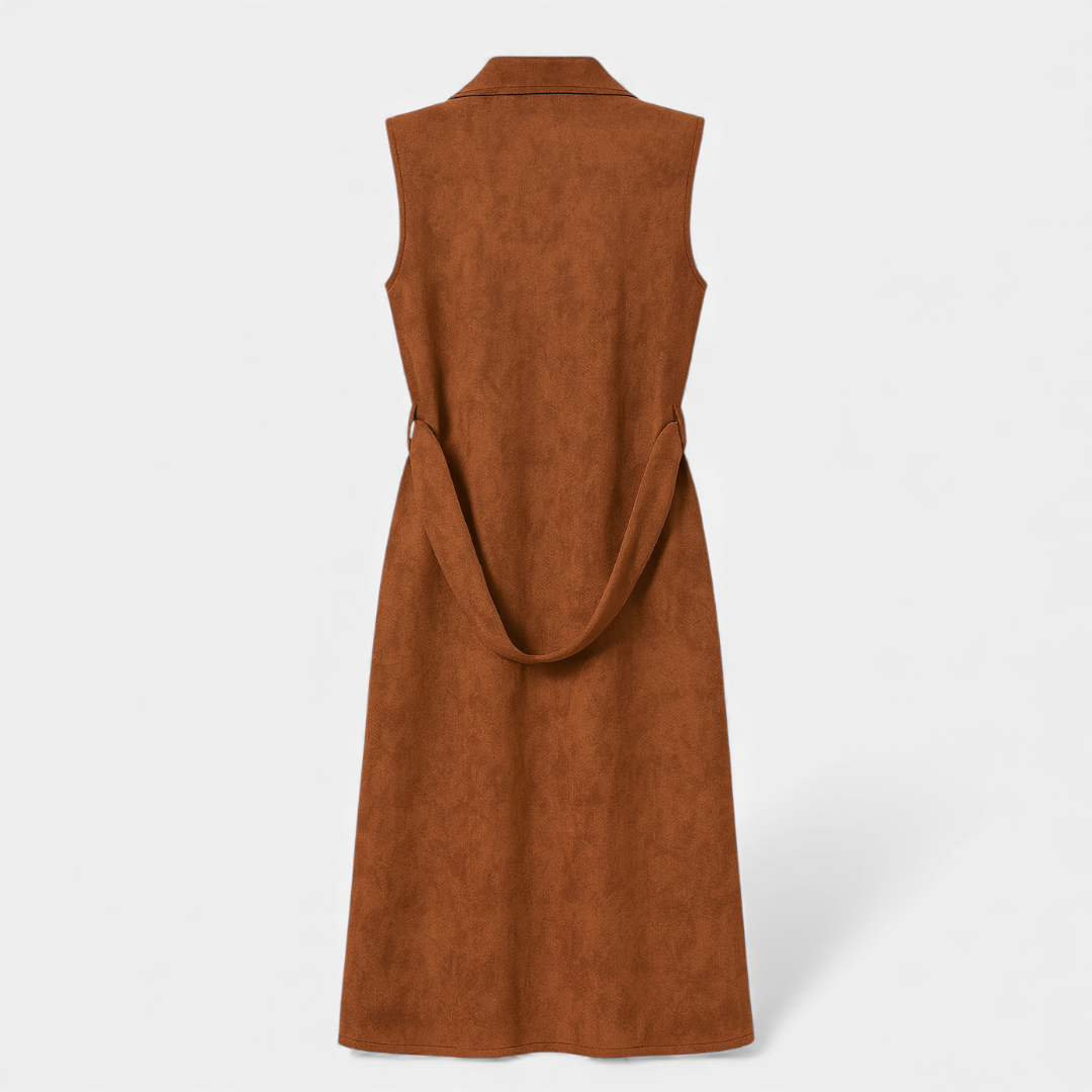 Women’s longline sleeveless coat, belted waist, suede-look finish
