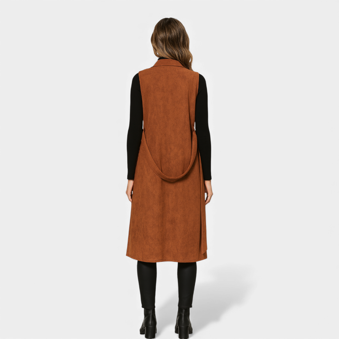 Women’s longline sleeveless coat, belted waist, suede-look finish