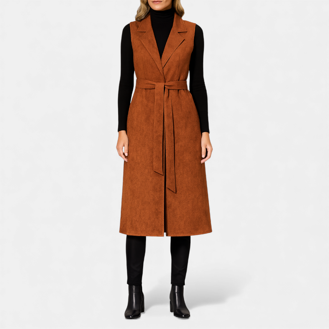 Women’s longline sleeveless coat, belted waist, suede-look finish