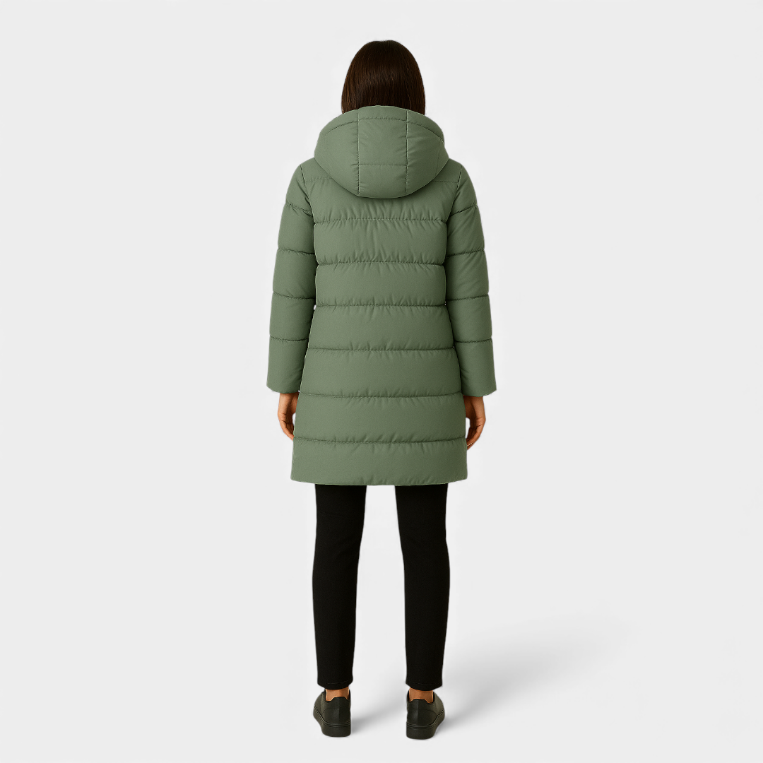 Women’s puffer coat – hooded design, longline fit, quilted construction
