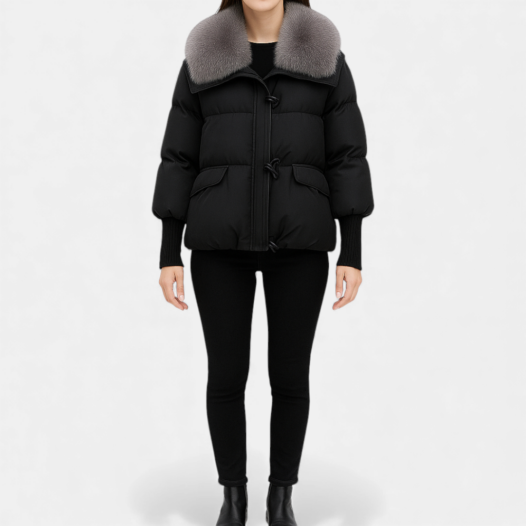 Women’s puffer jacket – faux fur collar, cropped fit, zip front