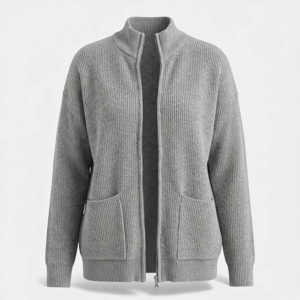 Zip Up Knit Sweater for Women-Sweaters-Loucelia-Grey-XS-Loucelia