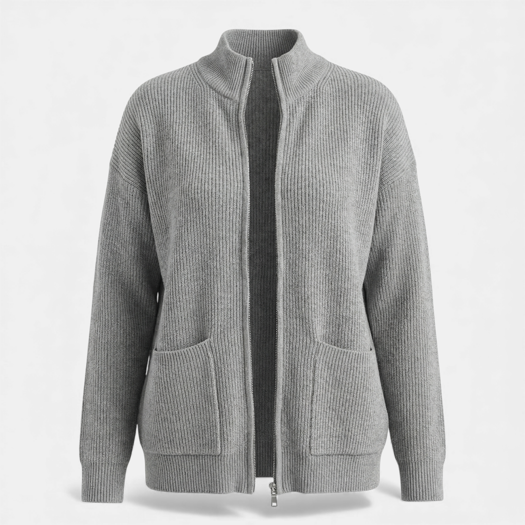 Zip Up Knit Sweater for Women-Sweaters-Loucelia-Grey-XS-Loucelia